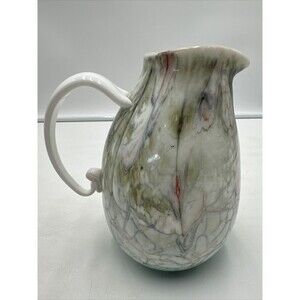 M Rhys Williams Studio Art Glass Pitcher Teal Blue Green White Red